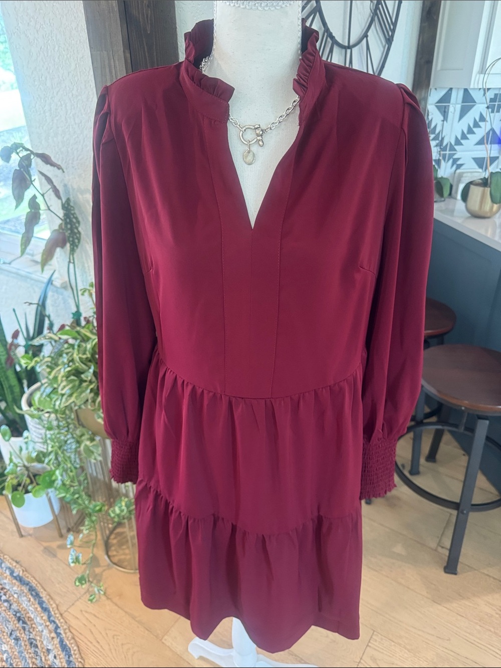Women's Burgundy Tiered Babydoll/Peasant Flowy Long-Sleeve Dress SZ SM